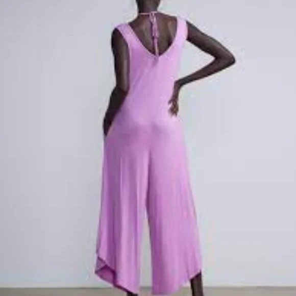 New York & Company Purple Beaded Halter Wide Leg Boho Relaxed Pockets Jumpsuit - Picture 5 of 9